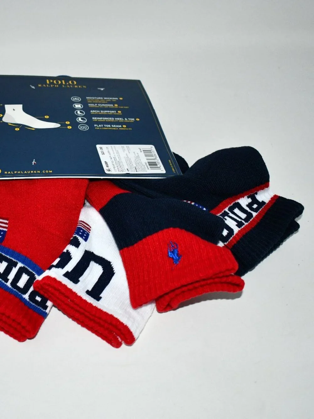 Polo Ralph Lauren 6-pack quarter length socks Rugby stripes w flag & USA #824681